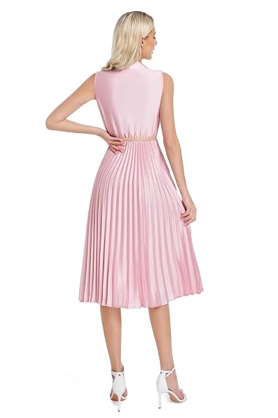 ABLETREE WOMEN’S SATIN MIDI DRESS SLEEVELESS ELEGANT SHIRT COLLAR PLEATED A LINE DRESS WITH BELT FOR OFFICE WORK BUSINESS CASUAL WEDDING GUEST PARTY BLUSH PINK