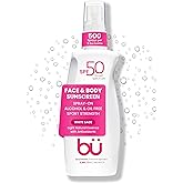 BU SPF 50 Sunscreen Spray for Face and Body, Non Aerosol Spray, TSA Travel Size Sunscreen, Clear, Non Greasy, Water Resistant, White Sage 3.3 oz
