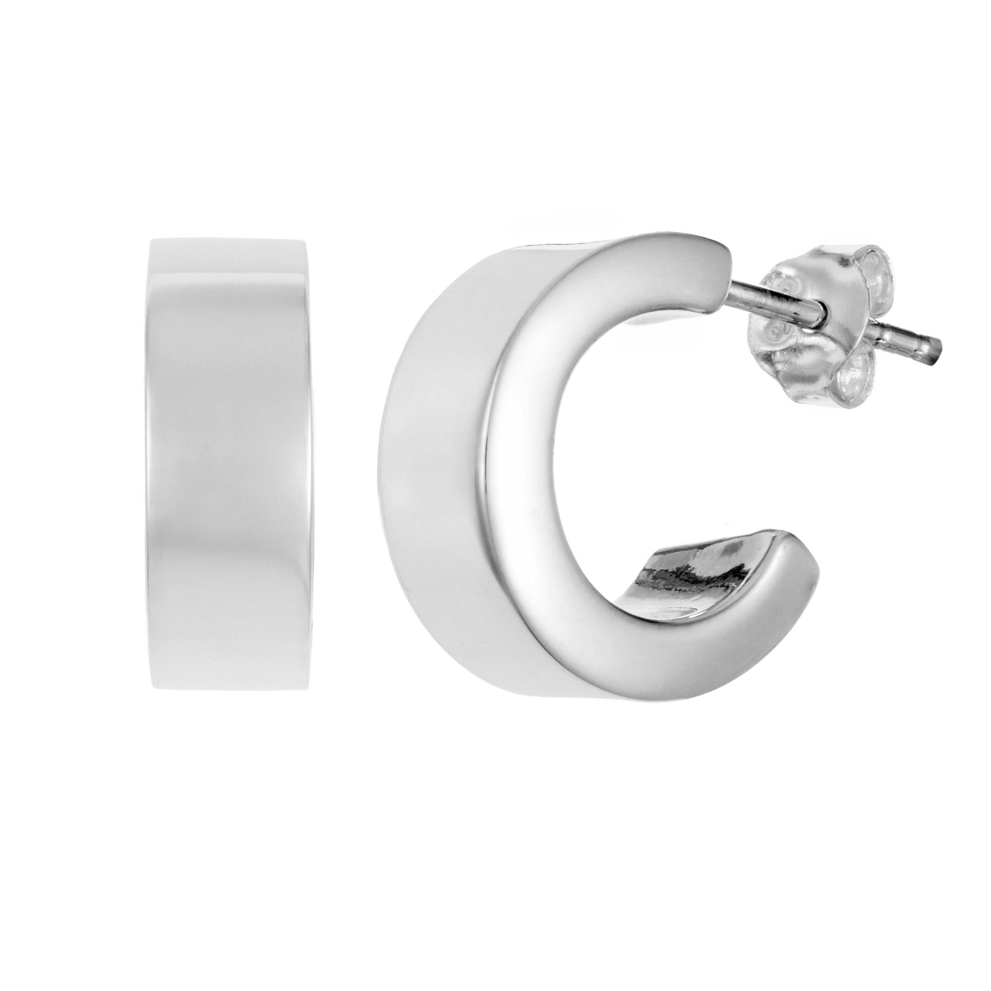 Silverly Sterling Silver Chunky Cuff Hoop Earrings for Women 15mm – Polished 925 Silver Flat-Edge Huggie Hoops - Small Half-Hoops - Minimalist Classic Essential Jewellery for Everyday Wear