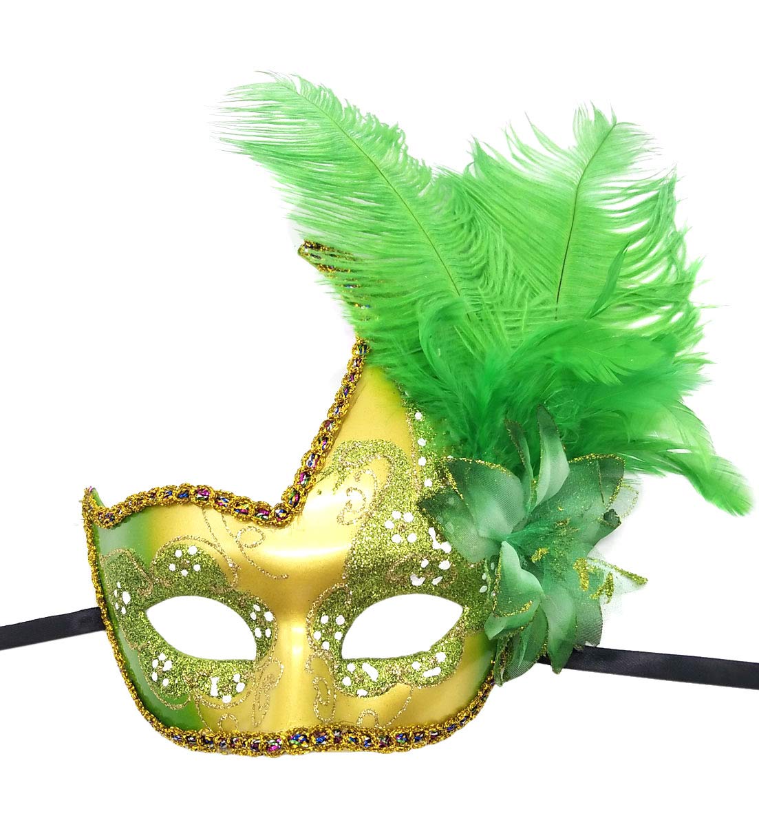 Coolwife Costume Mask Feather Masquerade Mask Halloween Mardi Gras Cosplay Party Masque (Gold Green)