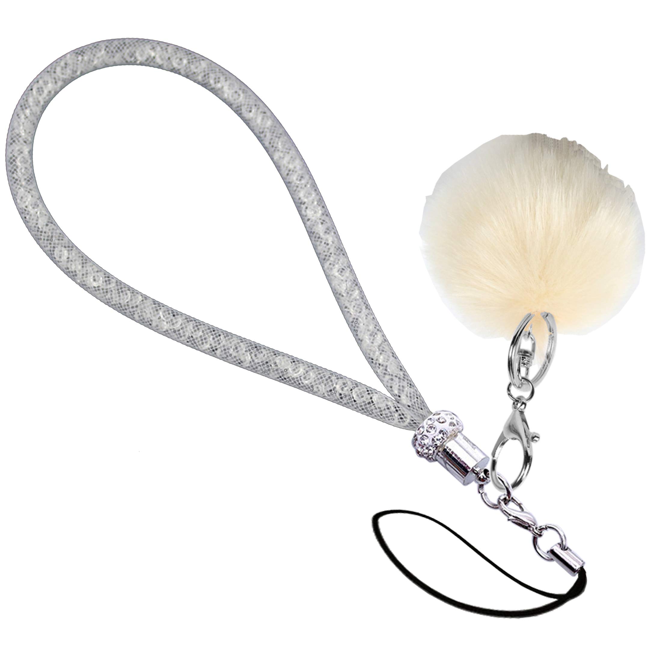 MOTIVE LIFE Lanyard with Pompom and Fishnet Tube Filled with Sparkly Rhinestones,Bling Wrist Strap for Phone,Camera,ID Badge and USB Key,Short-White