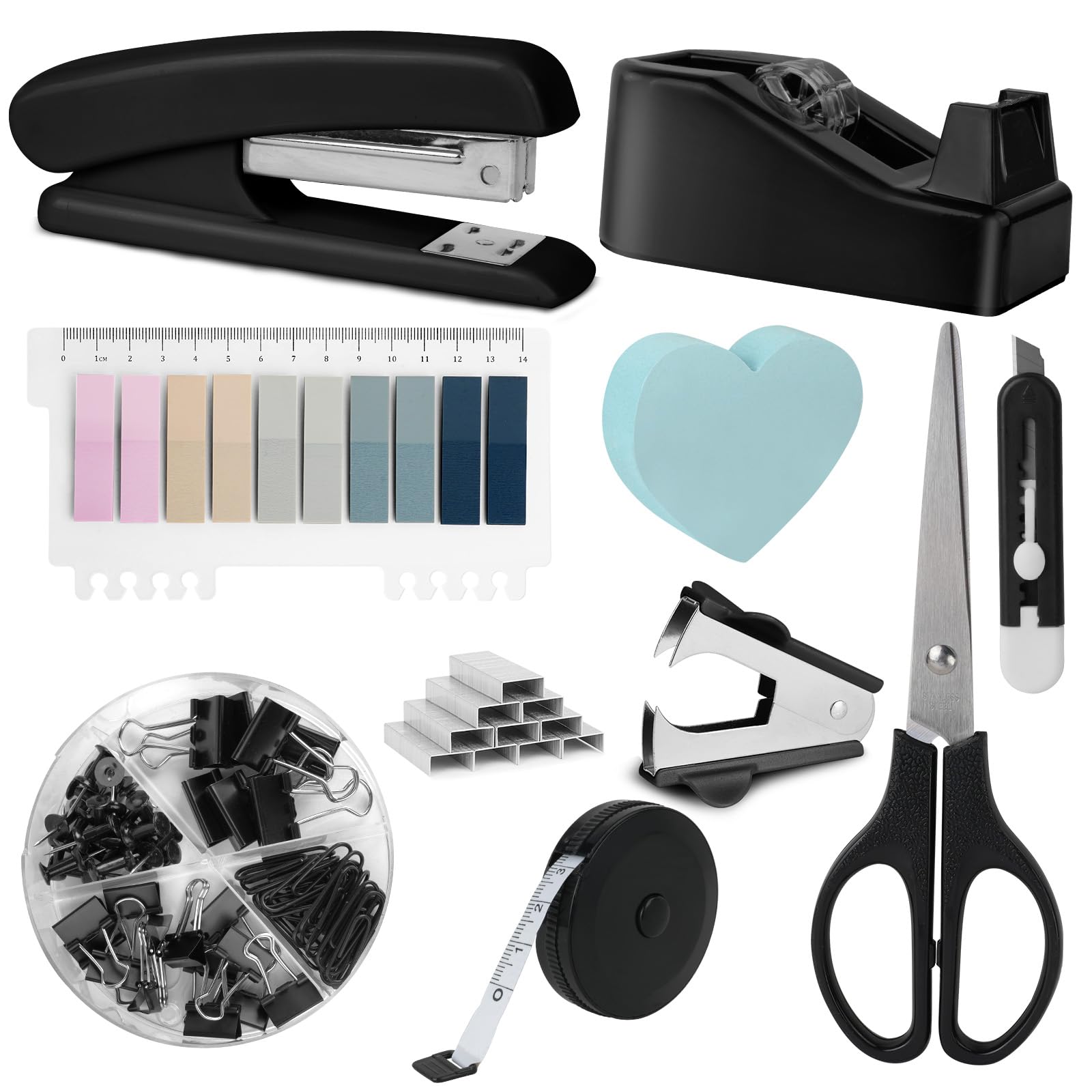 OFFCUP Desk Accessories Set, Office Supplies Kit, Includes Stapler, Tape Dispenser, Staple Remover, Staples, Clips, Scissor, Box Cutter, Tape Measure and Sticky Notes Students, Coworkers (Black)