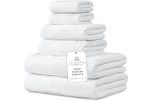 VILLA CELESTIA 100% Combed Cotton Bathroom Towel Set of 6- 2 Bath Towels, 2 Hand Towels, 2 Wash Cloths, Sustainable, Soft, Highly Absorbent 6 Piece Cotton Bath Towel Set Ideal for Hotels, Spa, Bathroom, Dorm, White