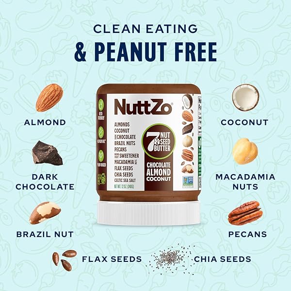 NUTTZO KETO CHOCOLATE ALMOND COCONUT – 7 NUT AND SEED BUTTER, COCONUT, BRAZIL NUTS, ALMONDS, PECANS & MORE, KETO FRIENDLY, ONLY 1G SUGAR, NO ADDED OIL, NON-GMO, DARK CHOCOLATE, 2G NET CARBS, 12 OZ JAR