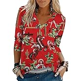 Womens Western Tops 3/4 Length Sleeve Shirts V Neck Graphic Shirts for Women Loose Casual Tunic Blouses Cactus Desert Tees