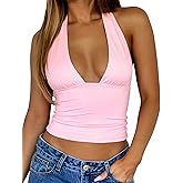 TiulZial Womens Backless Halter Tops Deep V Neck Sexy Crop Tank Top Open Back Sleeveless Slim Fit Y2k Summer Tops