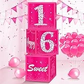 3Pcs Sweet 16 Birthday Decorations Boxes for Girls - Hot Pink Balloons Boxes, Sixteen Bachelorette Party Supplies, 16th Gift Cardboard Box