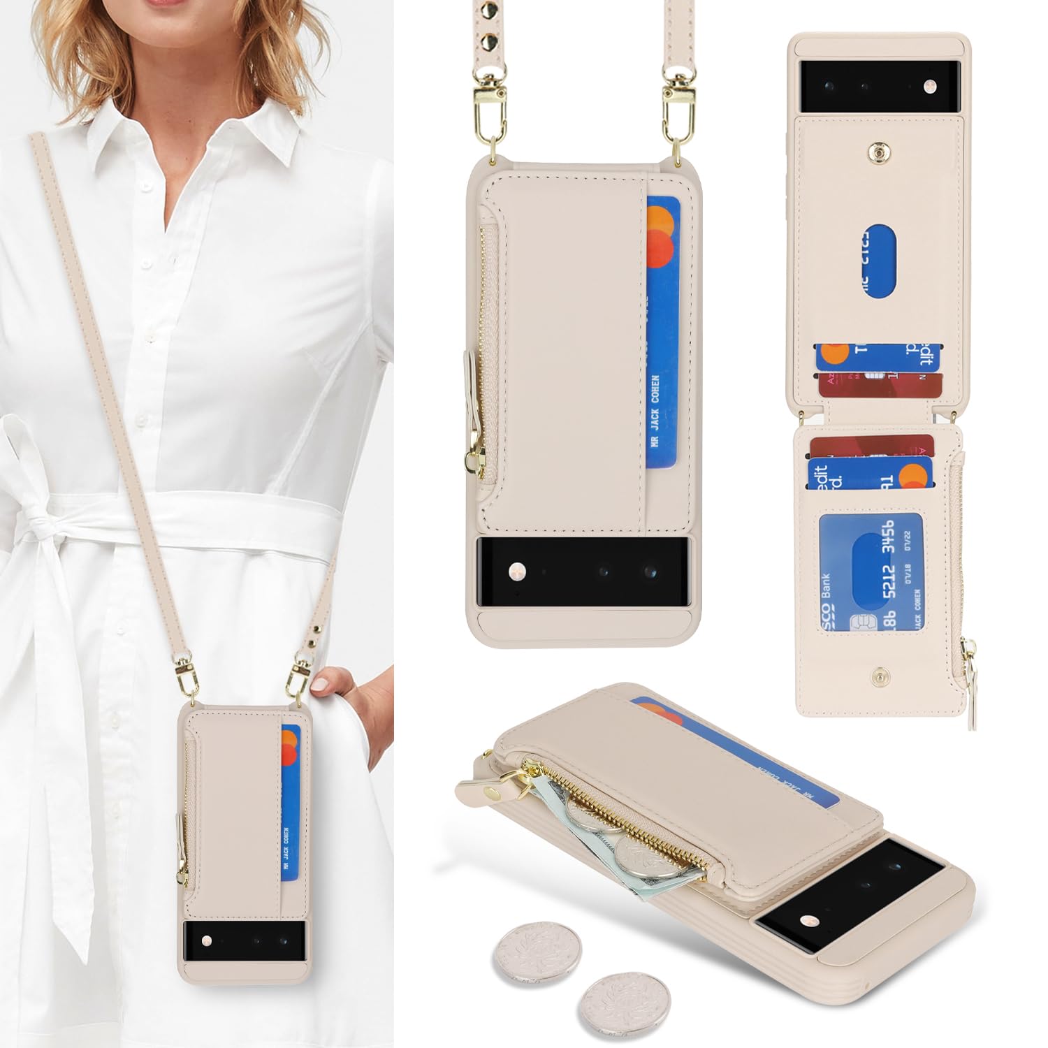 SailorTech for Google Pixel 6 Phone Case with Credit Card Holder for Women, Google Pixel 6 Leather Case Wallet Crossbody with Card Slots Zipper Shockproof Case for Men-Apricot — image 1