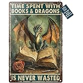 Waltheon Dragons Decor Bookish Gift Time Spent With Books And Dragons Is Never Wasted Vintage Metal Sign Wall Decor for Home Reading Corner Library Bar Office 8x12inch