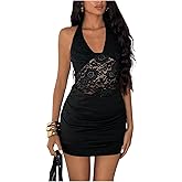 Floerns Women's Floral Lace Halter Bodycon Mini Dress Tie Back Party Night Out Dresses