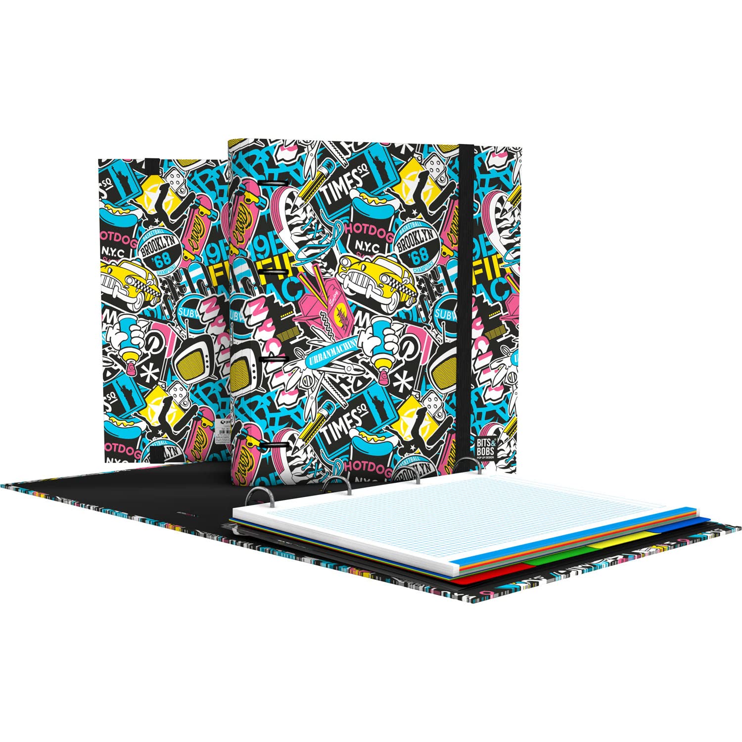Grafoplás | 4 Ring Binder with Refill | A4 | Includes 100 Grid 5x5 Sheets | Dividers | Clear Envelope | Bits & Bobs Pop Up Design | NYC | Carpebook | FSC