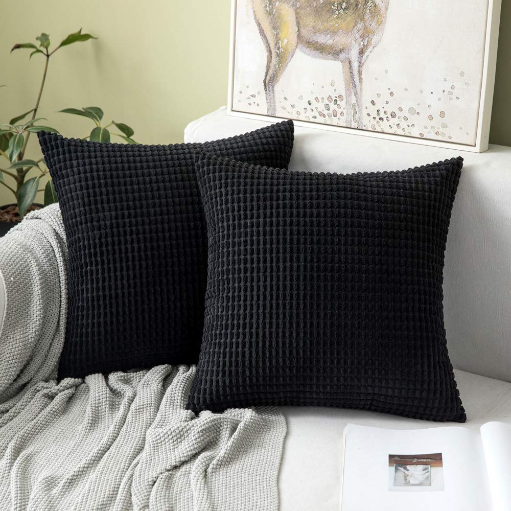 MIULEE Cushion Covers 40 x 40 cm Decorative Corduroy Black Cushions Throw Pillow Square 16 x 16 Inches Striped Solid for Sofa Couch Home Bedroom Set of 2 — image 1
