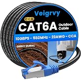 Veigrvy Cat6A Outdoor Ethernet Cable 100 ft Supports POE, 23AWG 550MHz High-Speed CAT6A Cable Direct Burial Waterproof, Internet Cable LLDPE Outer UTP UV LAN Network Ethernet Cord with 20 Cable Ties