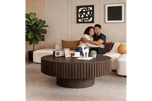 Wood Fluted Round Coffee Table with Storage, Modern Mid Century Wooden Handcraft Coffee Table with Sturdy Pedestal, for Livin