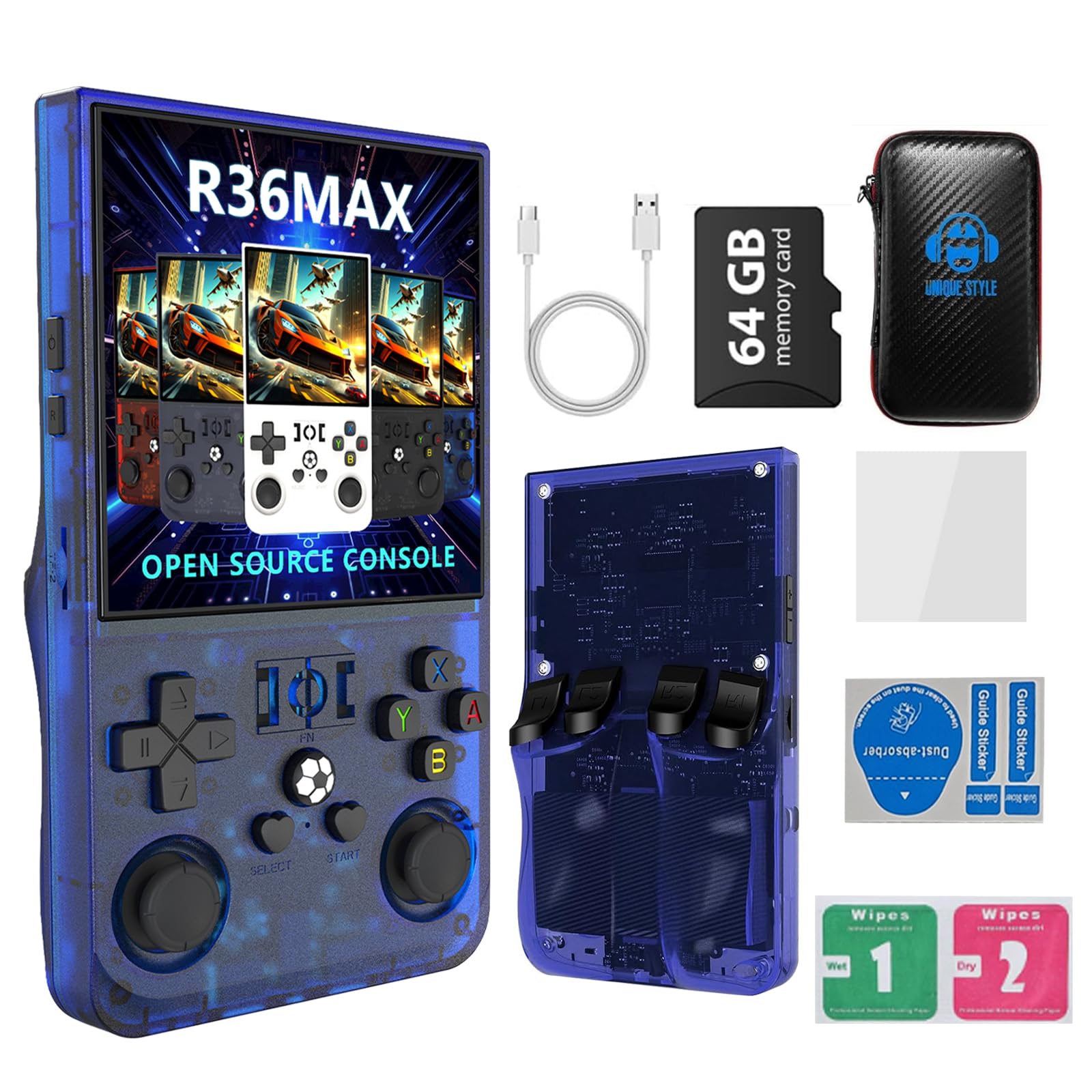 Photo 1 of ?R36MAX 4000mAh Portable Rechargeable Handheld Retro Game Console,Comfort Non-Slip Handheld Standing Retro Game Console with 64G TF Car,4.0-inch Screen,for Office,Blue