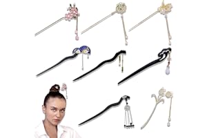 YoneJave Chinese Hair Stick, 8 Pcs Vintage Hair Chopsticks, Butterfly Flower Dangle Wooden Hair Sticks Dangle Tassel Hairpins
