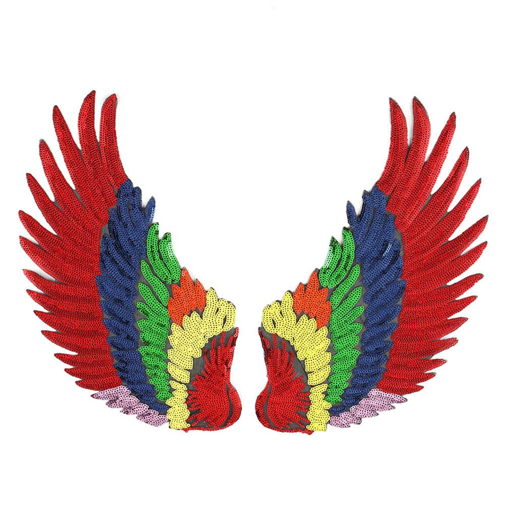 Zhiheng 1 Pair Jumbo Angel Wings Sequin Patches Iron on Sew on Appliques Embroidered Motif for DIY Clothing Accessories (Rainbow)