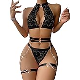 Foxiny Sexy Halter Heart Ring Cutout Chain Floral Lace Sheer Garter Belt Lingerie Set 3 Piece
