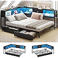 Hasuit Corner Bed Frame Full Size with Bookcase and 2 Underbed Storage Drawers, Full Corner Bed Unit with Charging Station and LED Light, Kids Bedroom Daybed with Storage, Reversible Left or Right