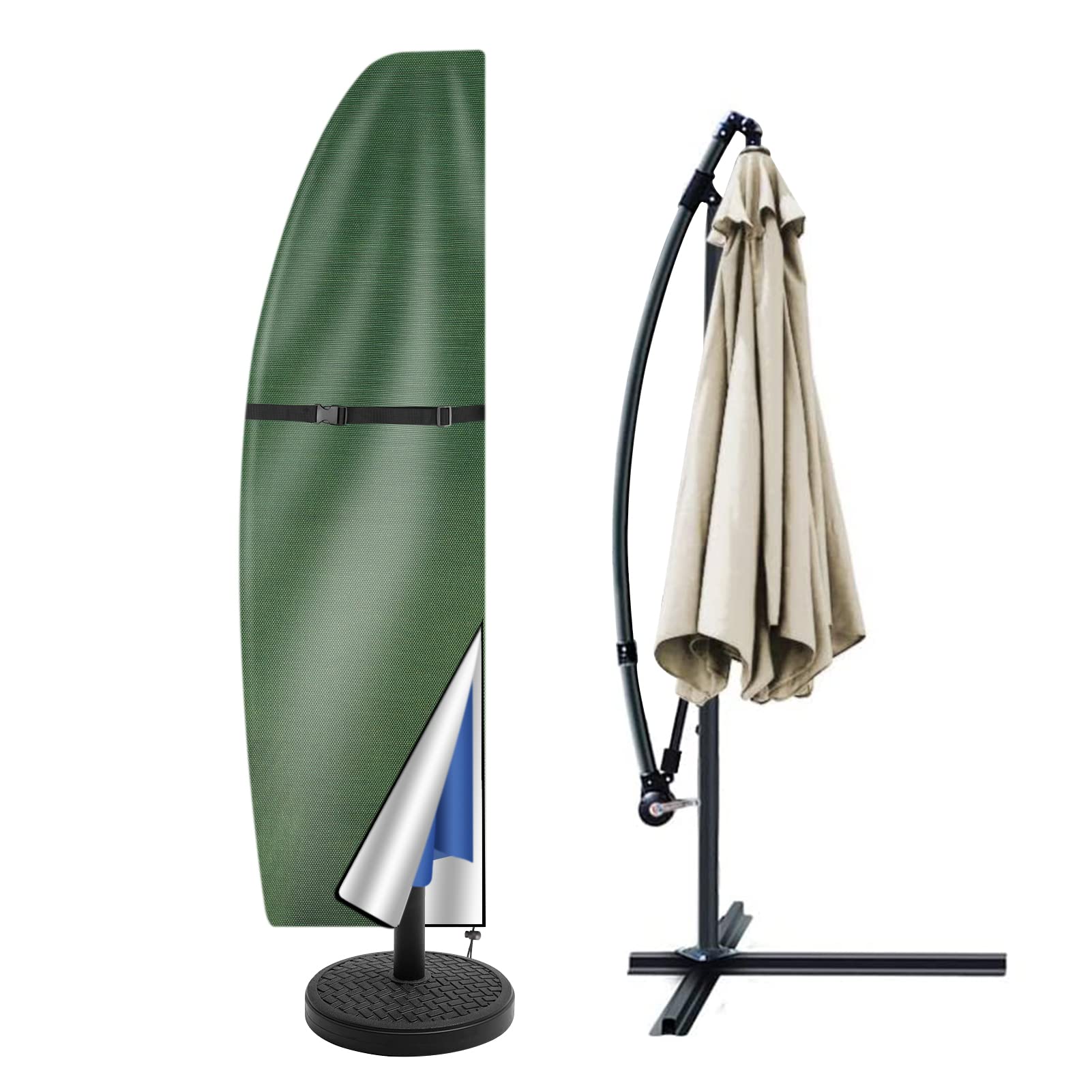Teynewer Parasol Cover Waterproof, Cantilever Parasol Protective Covers with Telescopic Pole and Zipper Fit for 1 to 3 m Large Umbrella Patio Parasol Weatherproof UV-Anti Windproof, Green