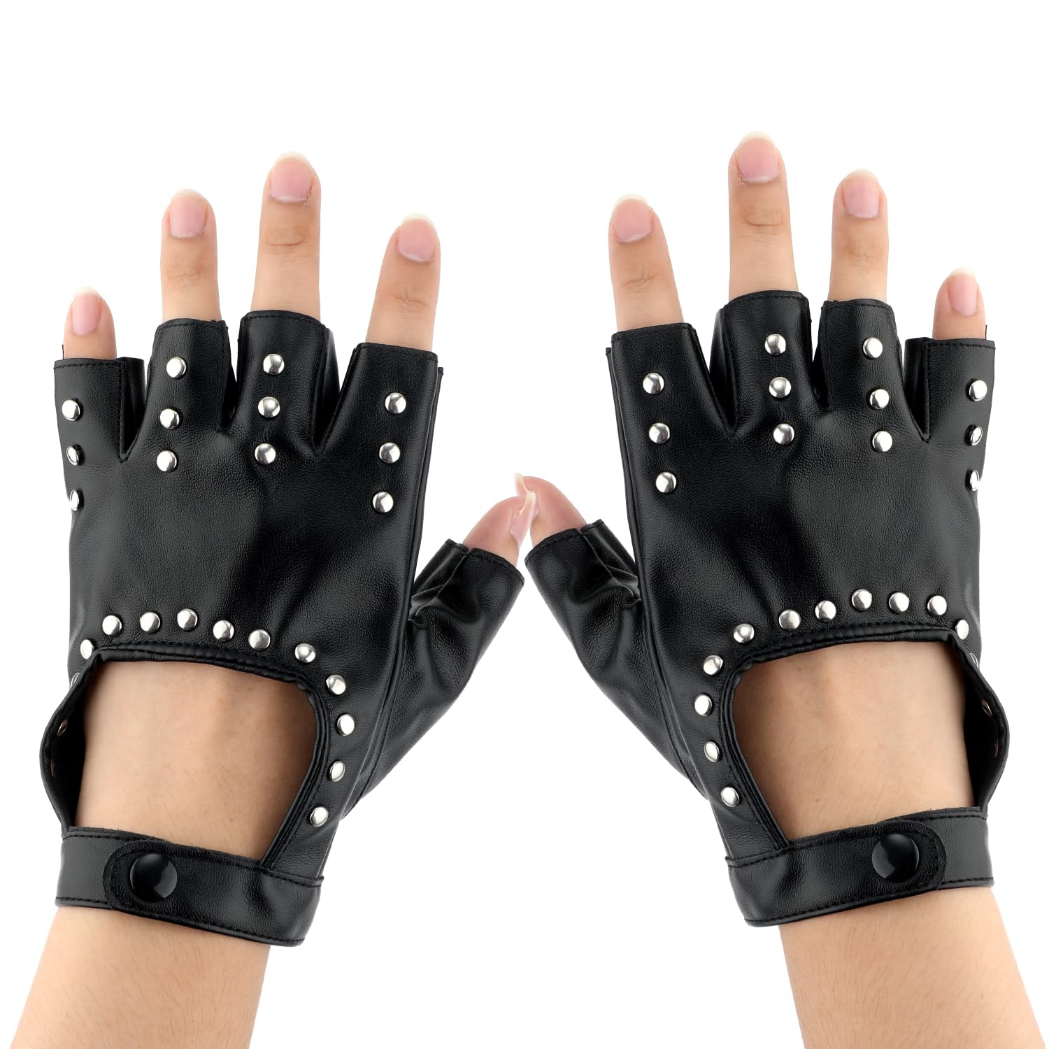 Mikovivi Fingerless Faux Leather Gloves for Men, Fashionable Half Finger Leather Gloves Black Biker Punk Gloves with Studs for Halloween Party Men Teen Cosplay Performance