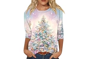 PETYCZEN Christmas Shirts for Women 2025 Cute Xmas Tree Print Crewneck 3/4 Length Sleeve Tops Christmas Holiday Party Sweater