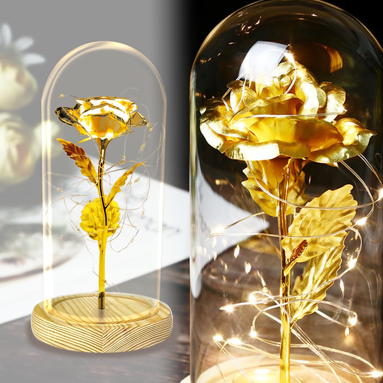 TINYOUTH 24K Golden Rose in Glass Dome, Gold Plated Light Up Flowers Batteries Included Rose Gifts for Women/Her/Mum Wedding Anniversary Valentines Birthday Xmas