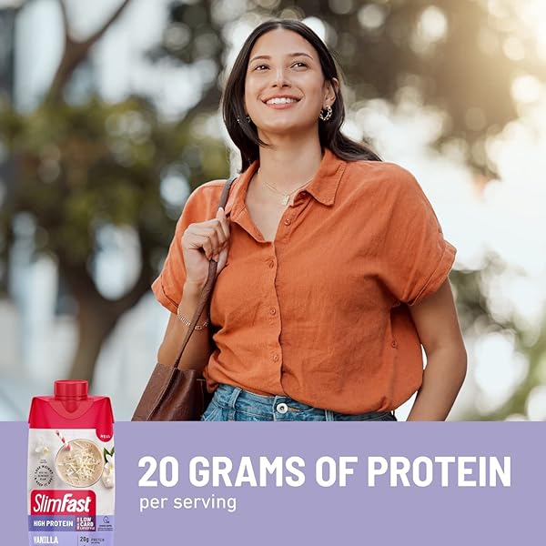 SLIMFAST PROTEIN SHAKE, VANILLA- 20G PROTEIN, MEAL REPLACEMENT SHAKE READY TO DRINK, HIGH PROTEIN WITH LOW CARB AND LOW SUGAR, 24 VITAMINS AND MINERALS, 12 COUNT (PACK OF 1) (PACKAGING MAY VARY)