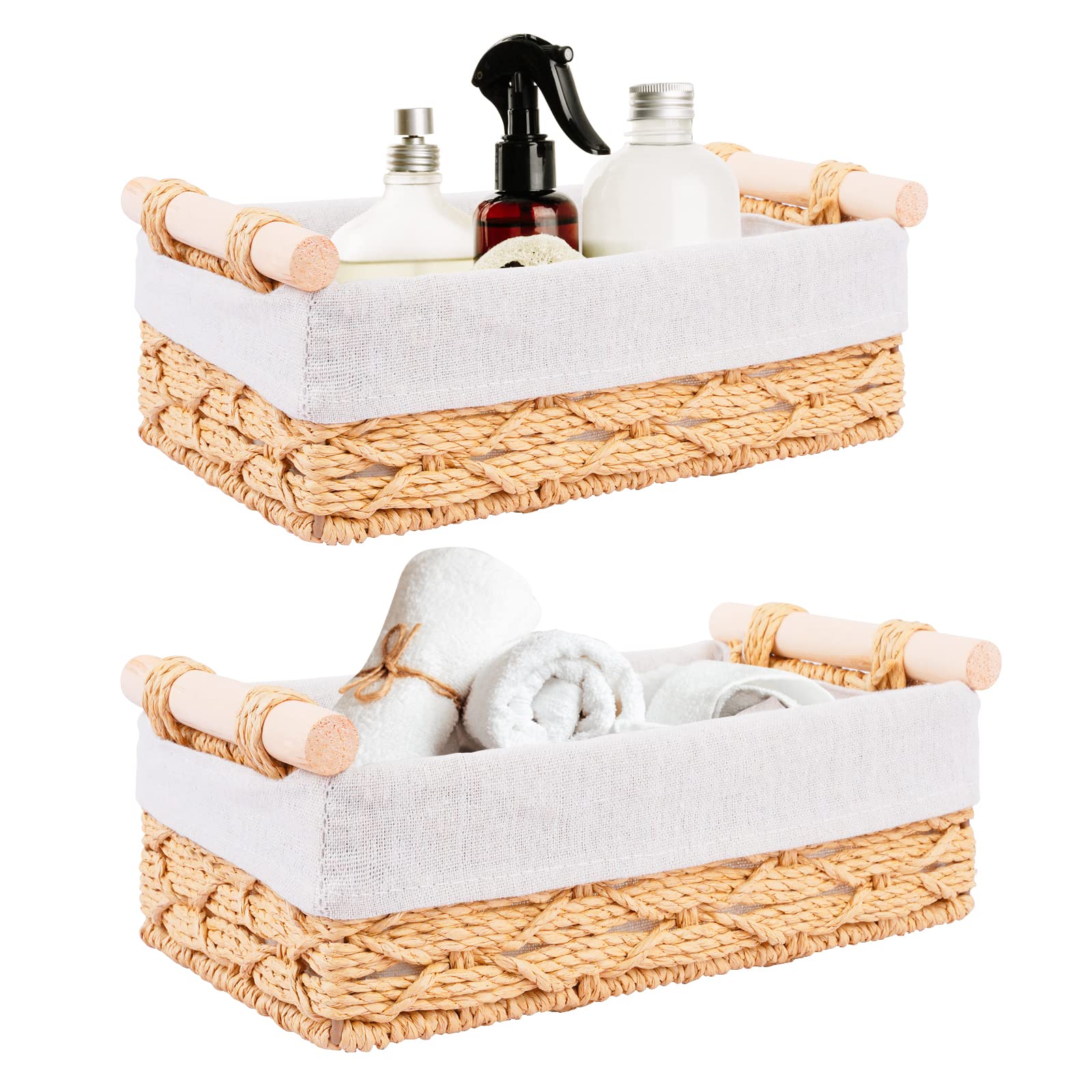 Happy Fox Set of 2 Seagrass Wicker Baskets Bins with Removable Liners，For Shelf Bathroom Kitchen Home Desk (Set of 2 Seagrass)… (Modern)