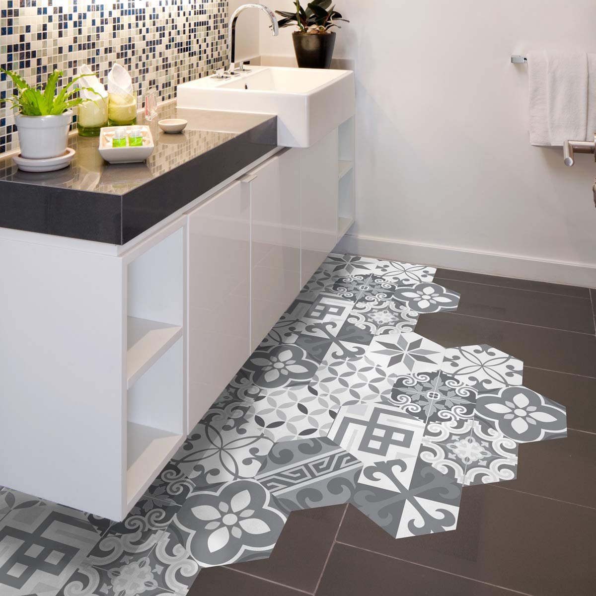 Ambiance Sticker Peel and Stick Decorative Hexagon Tristano Floor Tile, DIY Home Decor, Peel and Stick Removable Stickers, Waterproof Non-Skid Sticker - H40 x L90 cm - 10 Stickers of 20 x 18 cm