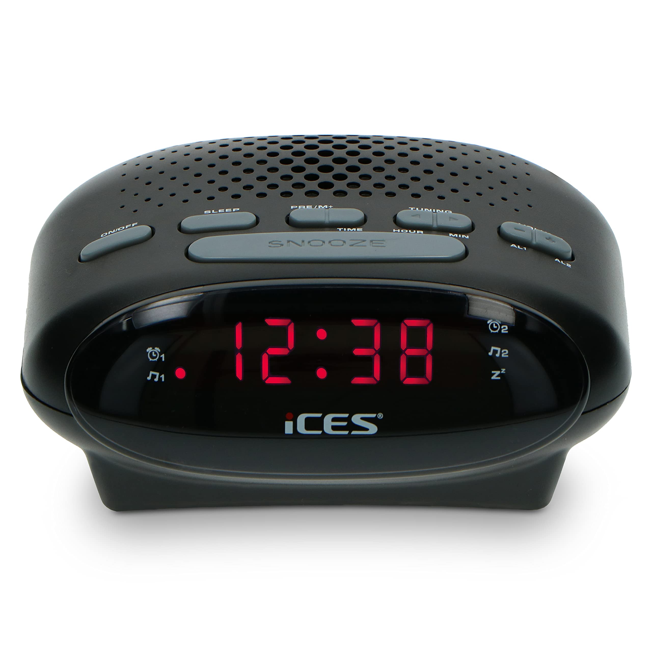 iCes ICR-210 watch radio - alarm clock with 2 alarm times - PLL FM - snooze function - sleep timer - power reserve - black, small, AC 230V-50Hz 3W max