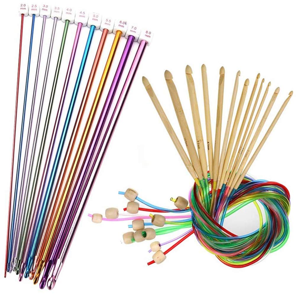 Kopinma 23-Piece Tunisian Crochet Hooks Set with Aluminum and Bamboo Knitting Needles, Colorful Beads and Flexible Cables for Afghan Projects, 3-10 mm