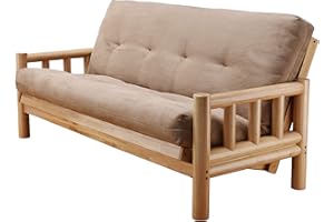 CORDOVA FUTONS Chalet Complete Futon - Frame and Mattress Set - Log Like with Innerspring Full Size Sofa Bed Sleeper (Beige)