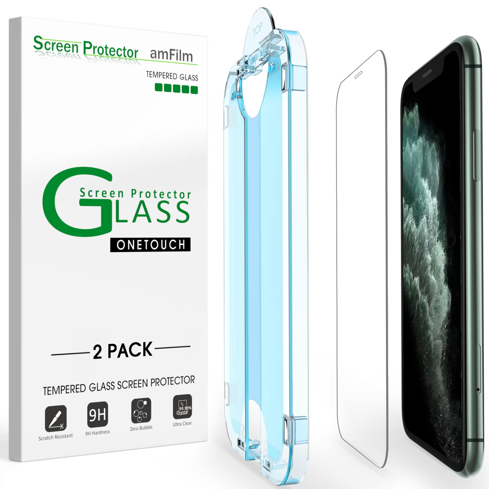 Photo 1 of amFilm 2 Pack OneTouch Glass Screen Protector for iPhone 11 Pro Max (6.5") with Easy Installation Kit