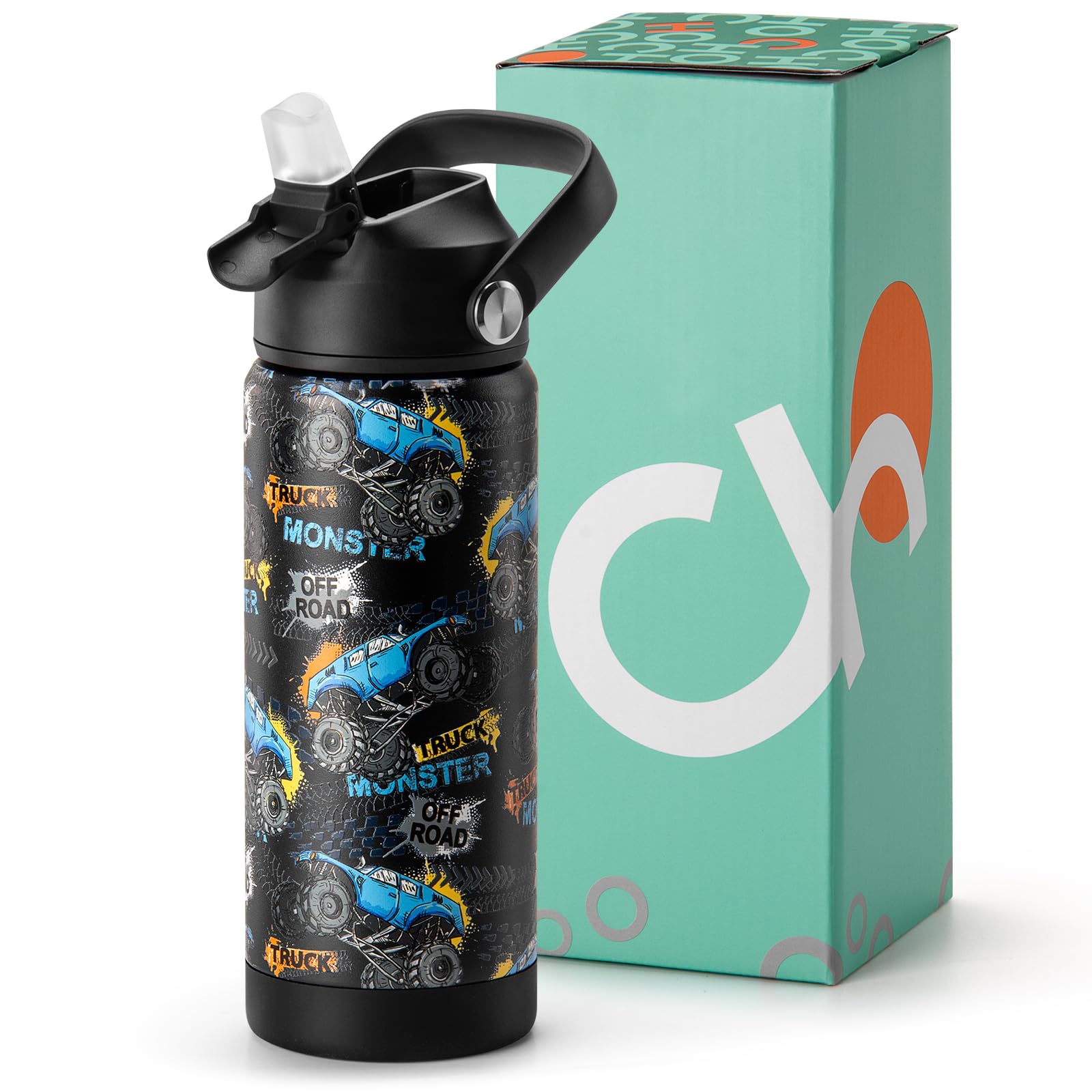 Choco Mocha Boys Kids Stainless Steel Water Bottle with Straw - Leak Proof, Insulated, BPA Free, Double Wall - 14/18 Oz, Black Truck