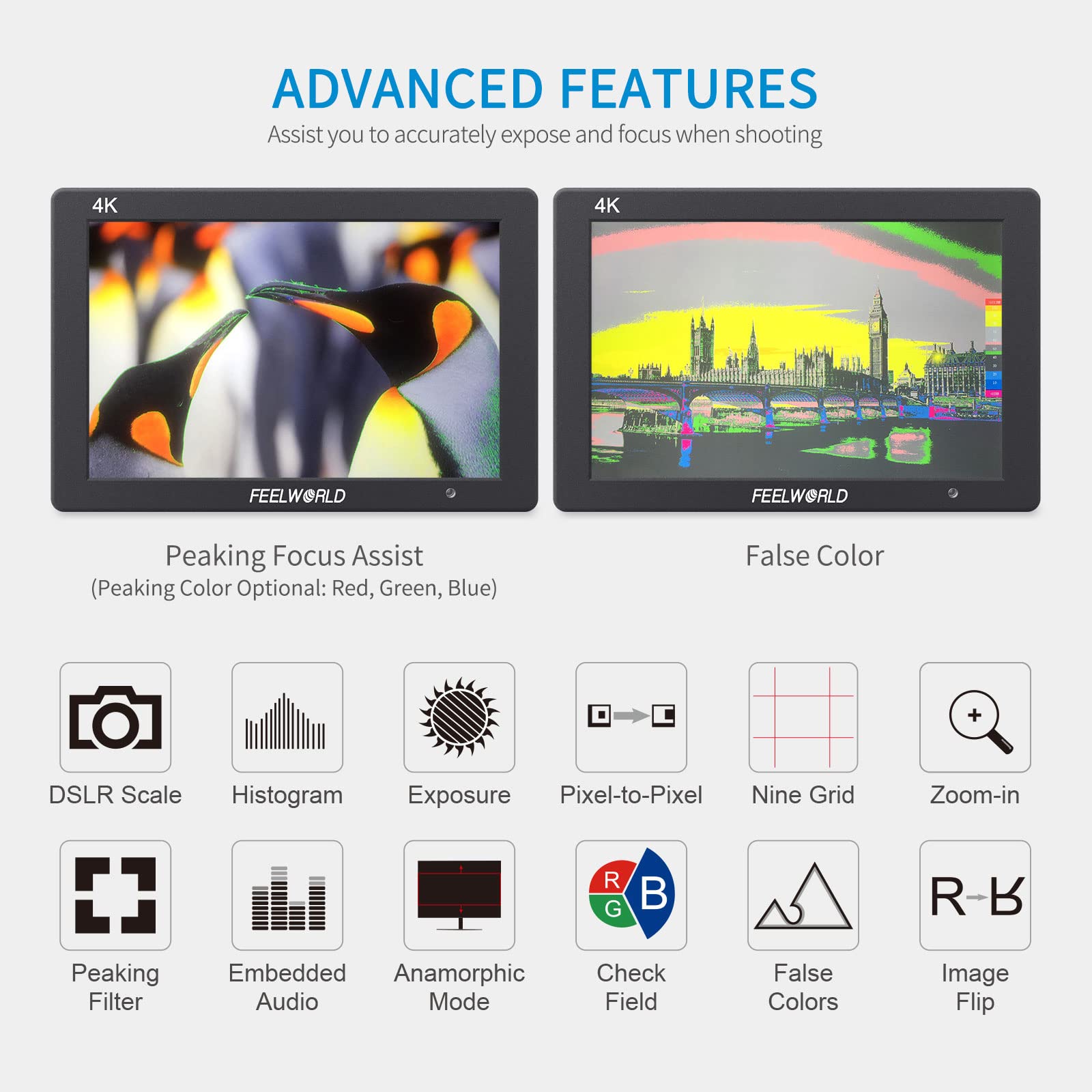 FEELWORLD T7 7 Inch DSLR Camera Field Monitor with F550 2200mAh Battery, with Histogram Peaking Focus False Colors 4K HDMI Input Output Full HD 1920x1200 Solid Aluminum Housing