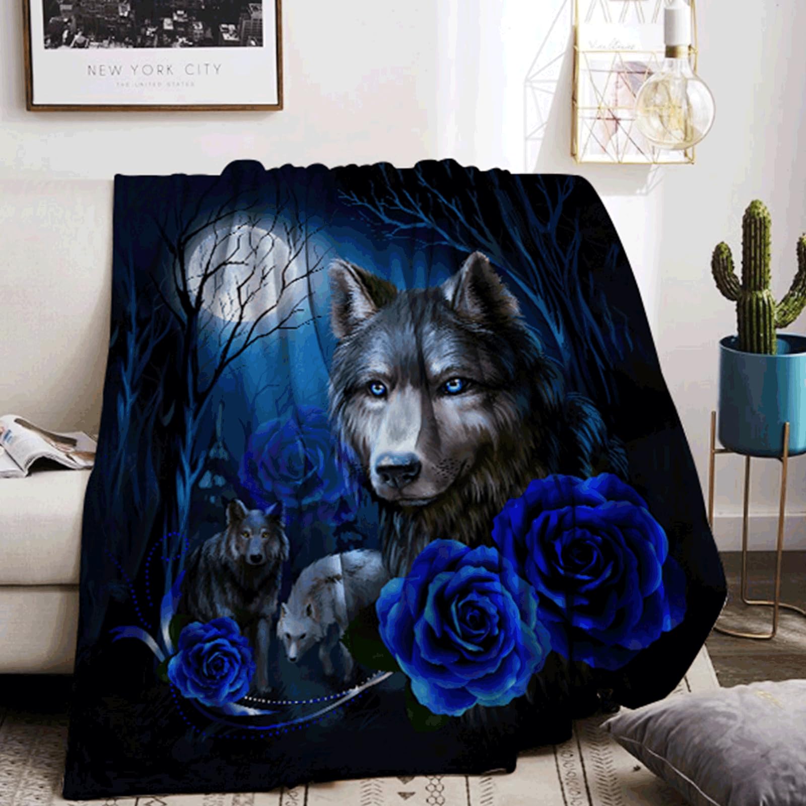 KAIDAARTLH Wolf Motif Blanket, Cute Animal Print Blankets, Soft Comfortable Warm Lightweight Blanket, Blankets for Couch (Wolf-1, 130x150cm)