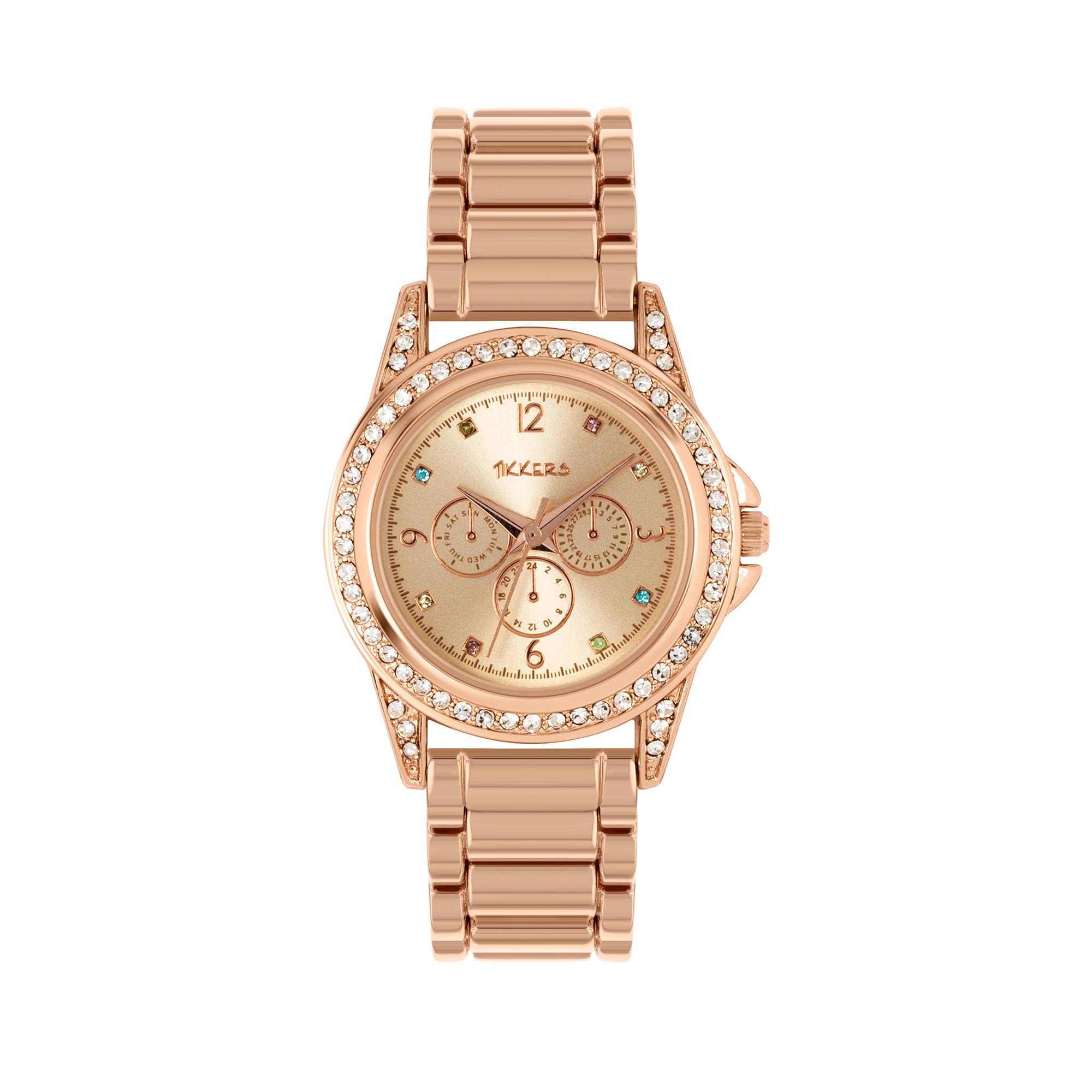 Tikkers Girls Rose Gold Stainless Steel Bracelet Multicoloured Gem Dial Watch ATK1053