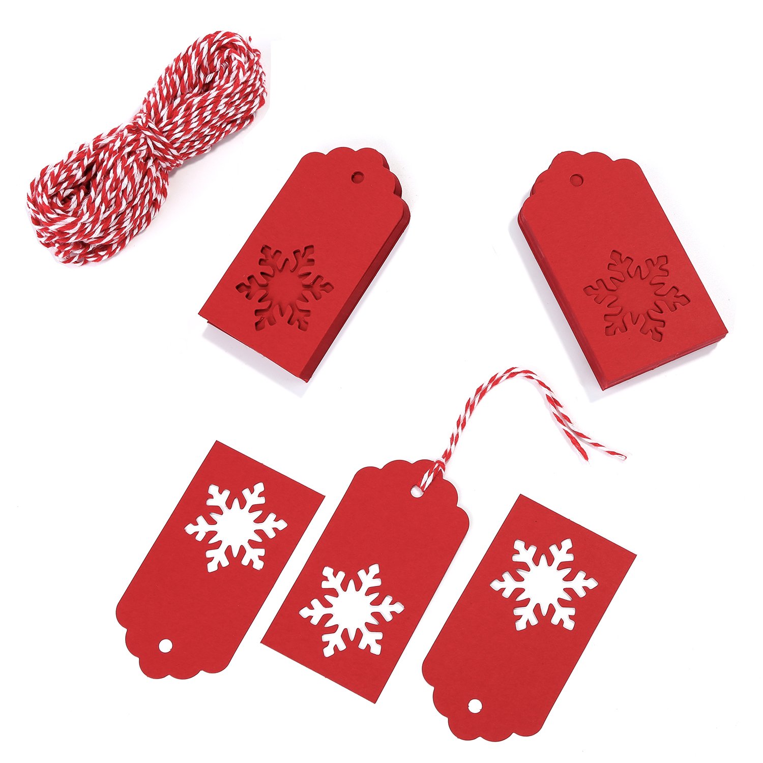 Whaline 100 Pcs Christmas Paper Tags Kraft Gift Tags Snowflake Shape Hang Labels with 30 Meters Twine for Wedding Valentine's Day and DIY Arts and Crafts Decorations (red)