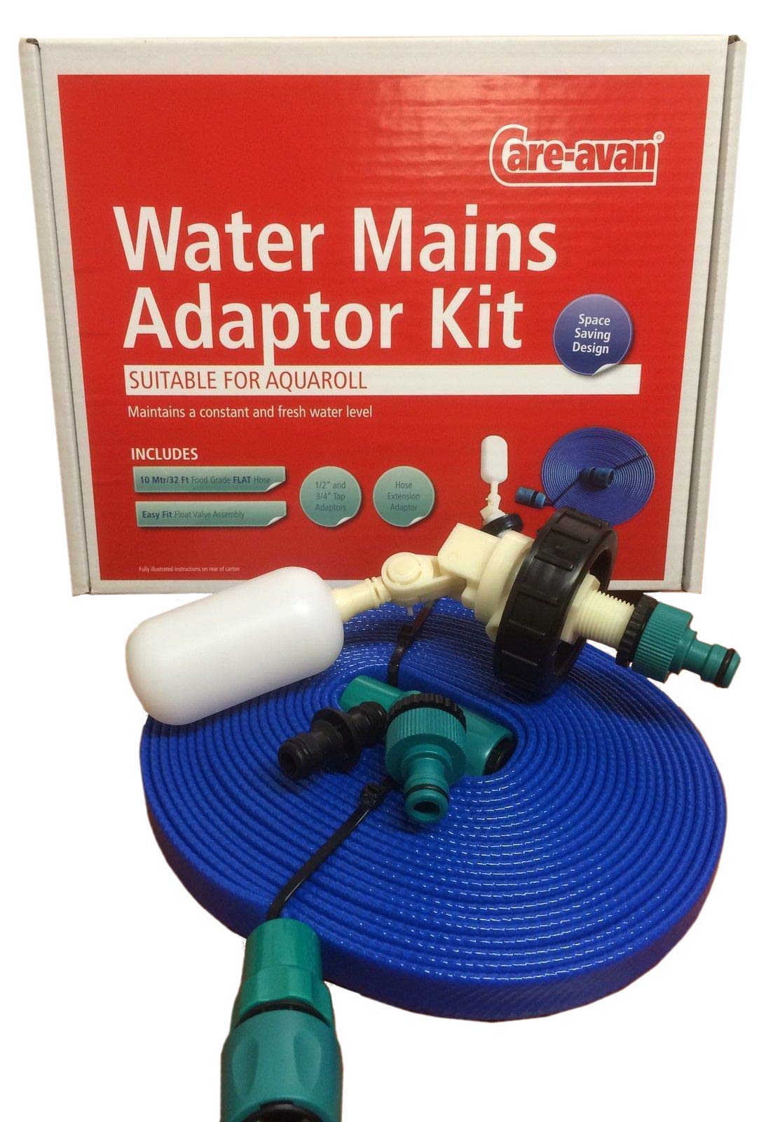 Suitable for Aquaroll Mains Water Adaptor Ball Valve Kit with Space Saving 10 mtr FLAT Food Grade Hose by Care-avan