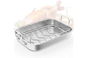 Sunvivi 15.6'' Roasting Pan with V-Shaped Rack, Rectangular Lasagna Pan with Handle, Non-Stick Stainless Steal Roaster for Turkey, Chicken, Vegetable, Lasagna, Heavy Duty & Dishwasher Safe