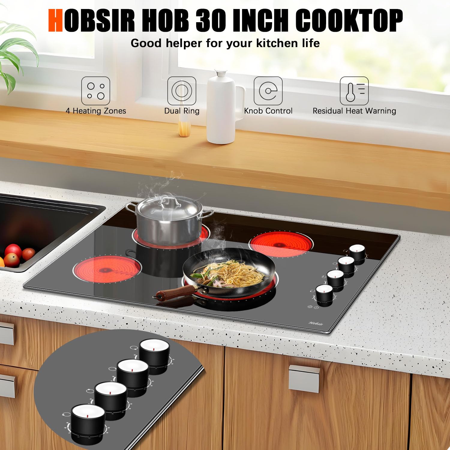 Electric Cooktop 30 Inch, Knob Control Built-in Radiant Electric Stove with 4 Burners, 30 in Electric Stove Top Burner, Cooktop with Glass Protection Metal Frame, 220-240v 6700W, Hard Wired(No Plug)