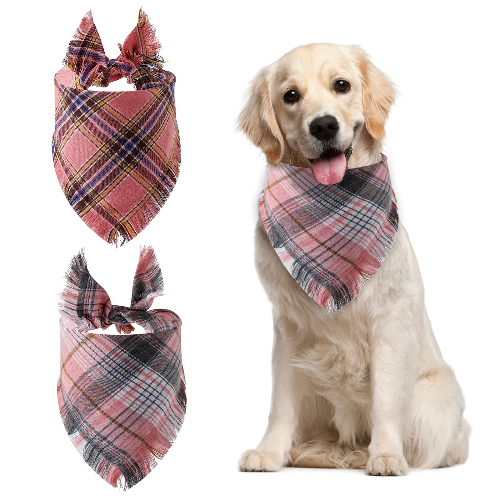 HACRAHO Plaid Dog Bandanas, 2 Packs Pink Reversible Triangle Dog Scarf with Tassels Edges Washable Dog Triangle Kerchief for Dogs and Cats