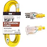 15 Foot Lighted Outdoor Extension Cord - 12/3 SJTW Heavy Duty Yellow Extension Cable with 3 Prong Grounded Plug for Safety - 