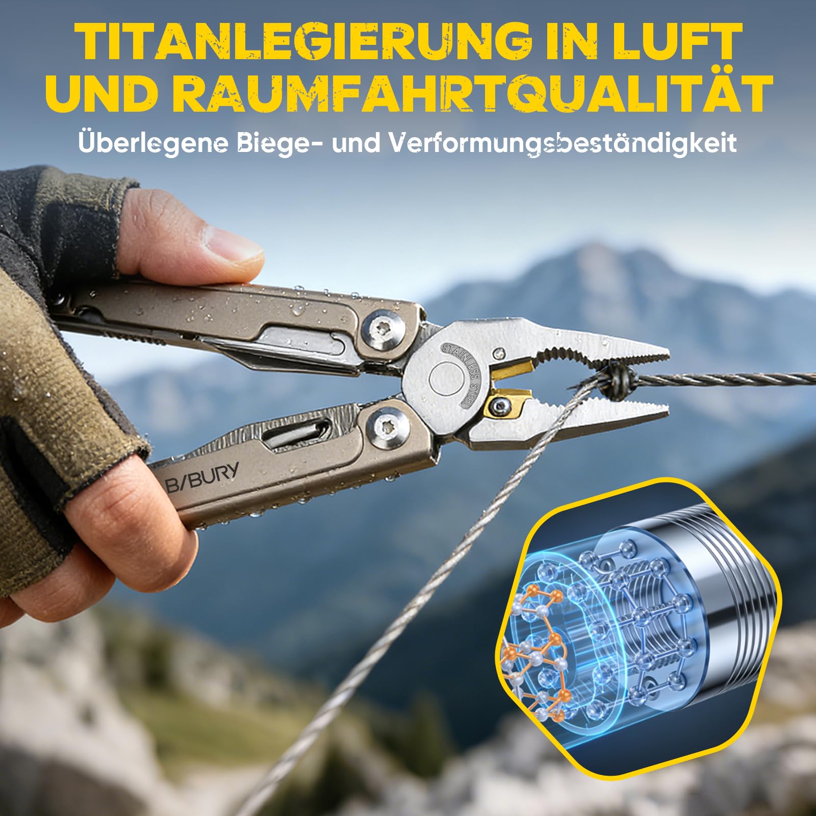 BIBURY Multitool Titan & Damast Messer - Multifunktionswerkzeug mit Zange, Schere, austauschbarer Säge & Bits - Profi EDC Taschenmesser Geschenke für Männer, Reparieren, Camping Zubehör BI2049TI 2