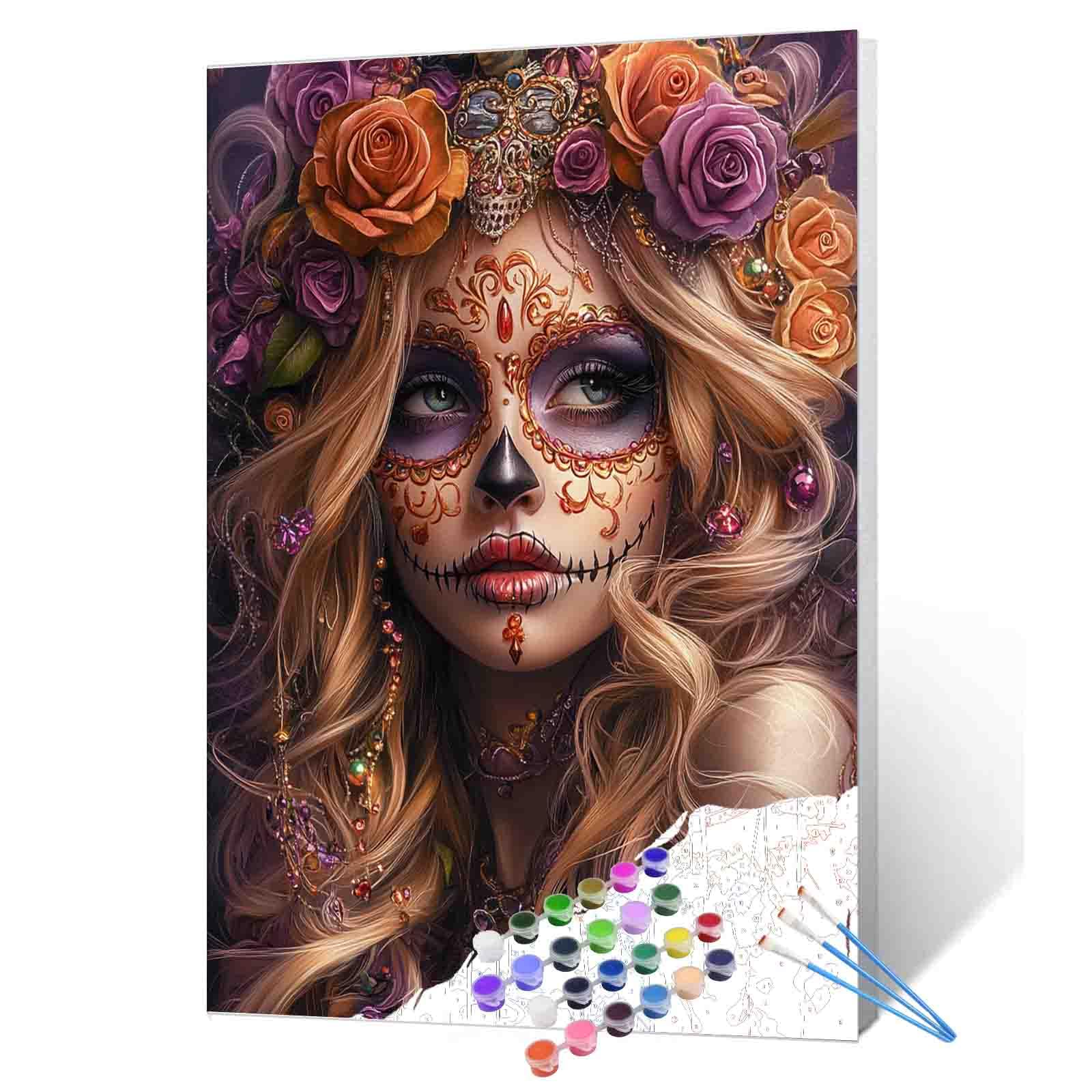 Photo 1 of Day Of The Dead Woman Paint By Number Skull Makeup Roses Realistic Face Paint By Numbers Kits For Adult, Fantasy Festival Theme On Canvas Suitable For Home Wall Decor 16''W X 20''H (No Framed)
