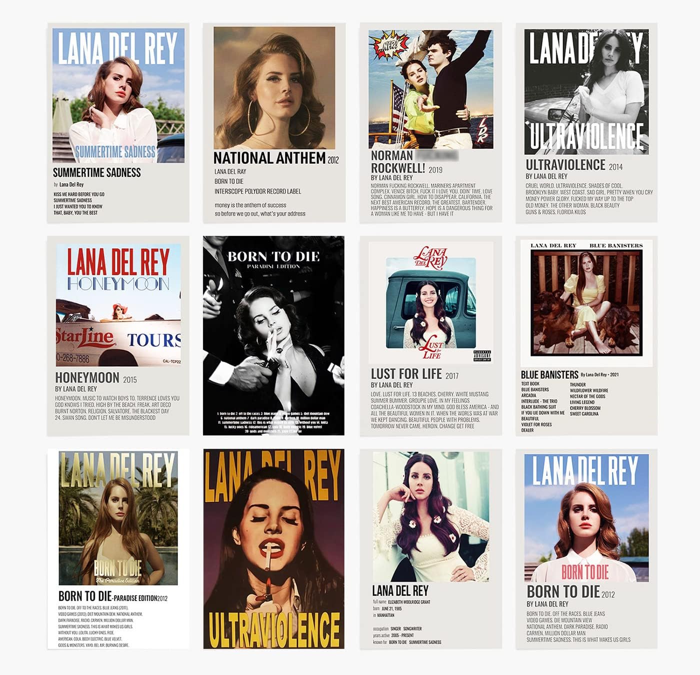 Wall Décor - Lana Del Rey Aesthetic Album Cover Limited Edition Posters, Music Posters (Set of 12, 8in x 10in, Unframed)