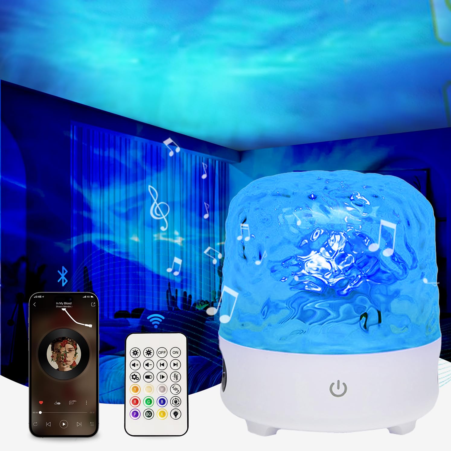 YunLone Ocean Wave Projector Galaxy Light Projector 16 Colors 30 Lighting Modes with Bluetooth Speaker, Mood Light Ceiling Lights Projector, Ambient Lights Night Room Light for Bedroom/Party/Game Room