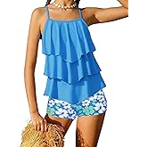 Jrbybazy Girls Swimsuit 2 Piece Tankini with Shorts Tiered Ruffle Swimwear Adjustable Straps Bathing Suit 6-14Y