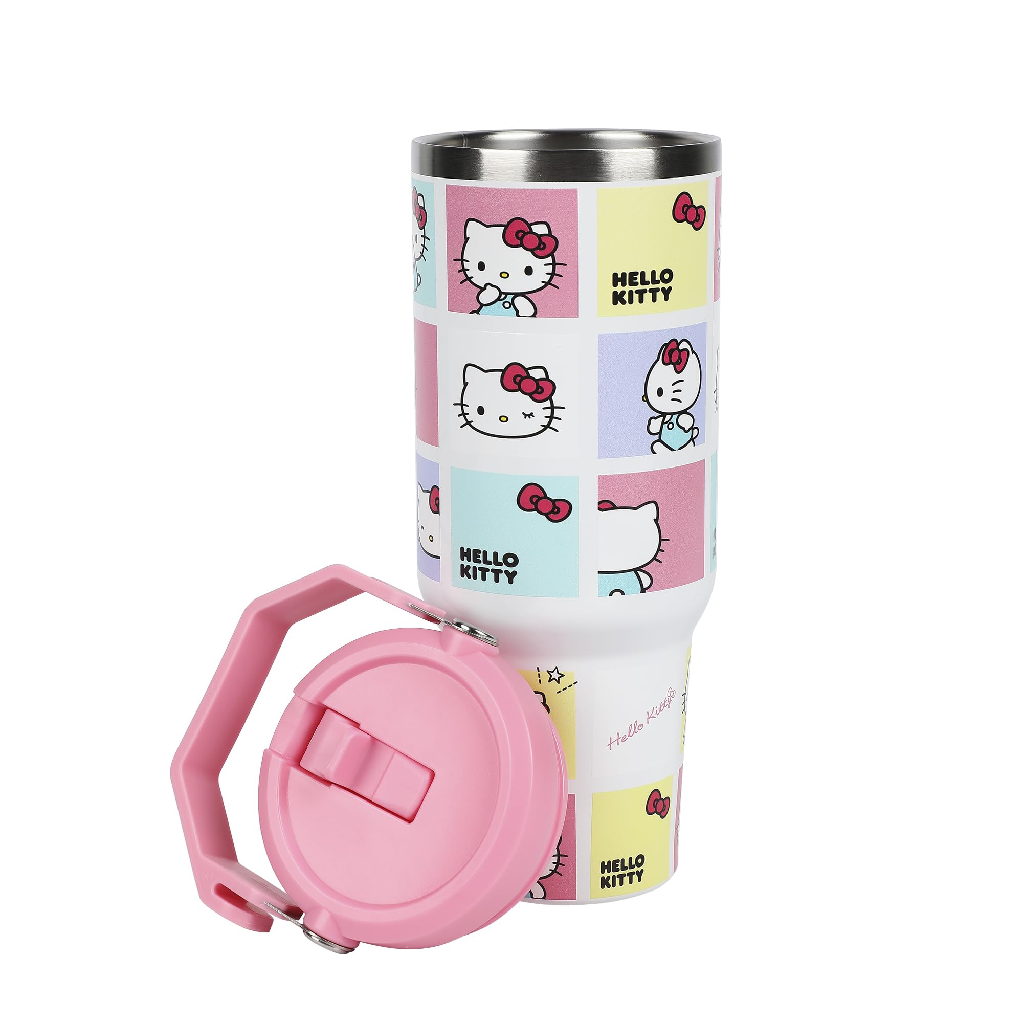 Photo 1 of ***(MINOR DAMAGE/ BROKEN HANDLE)***Bioworld Hello Kitty Character Squares White 40 Oz Stainless Steel Tumbler